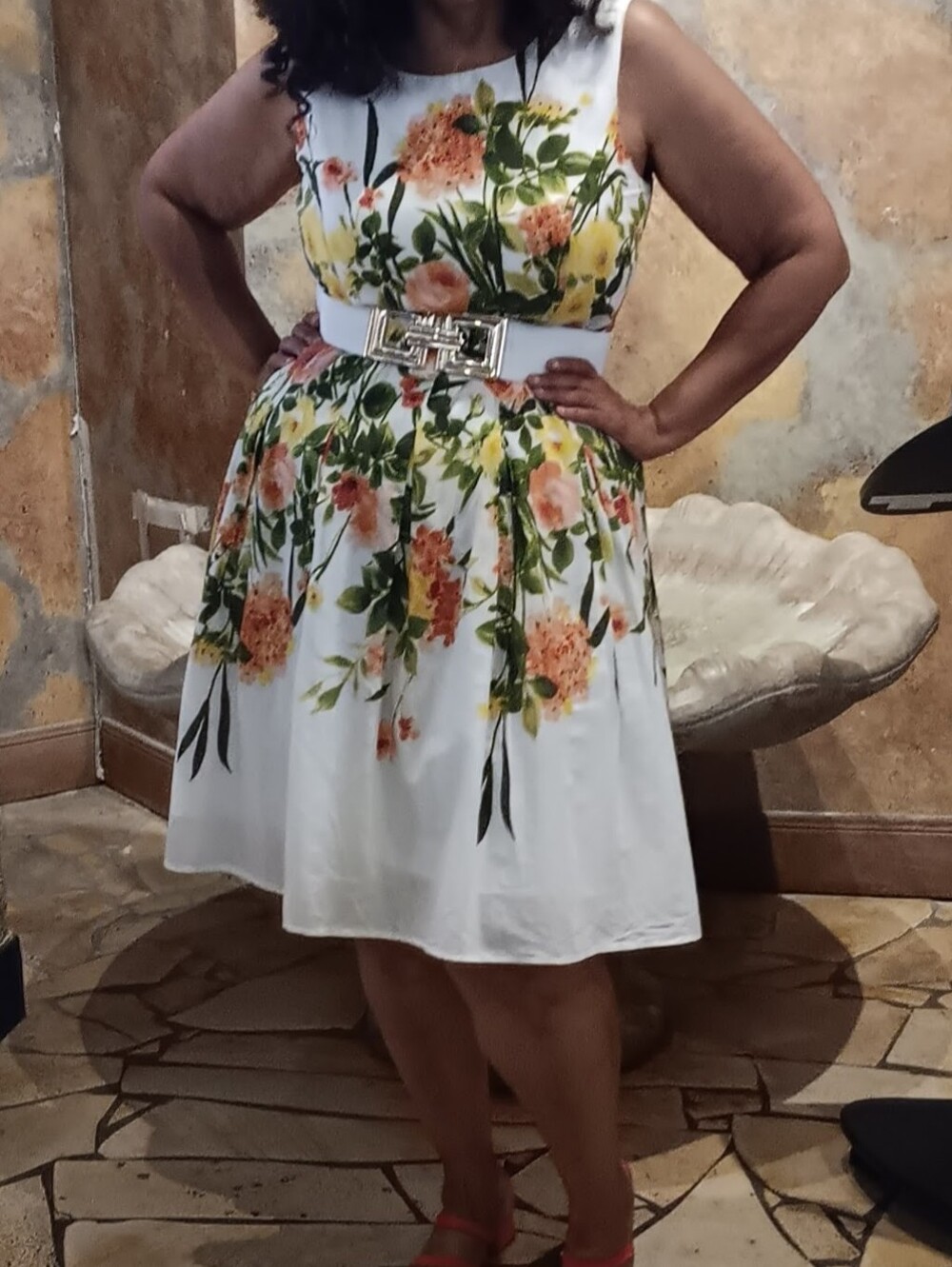 Tommy Hilfiger White Floral Fit & Flare Dress, Coral and Yellow Blooms, Size 14